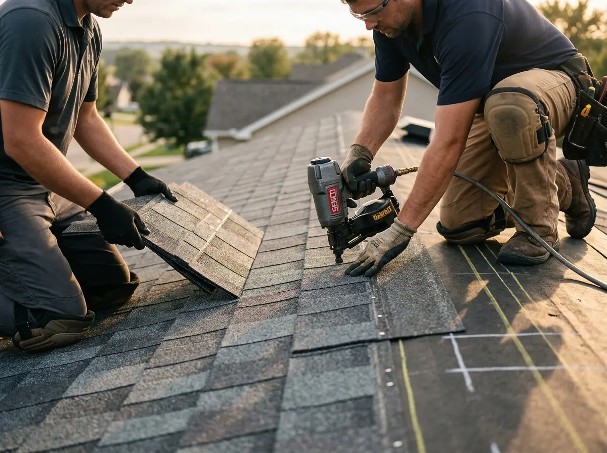 Professional roofer working on a residential roof in Ferguson